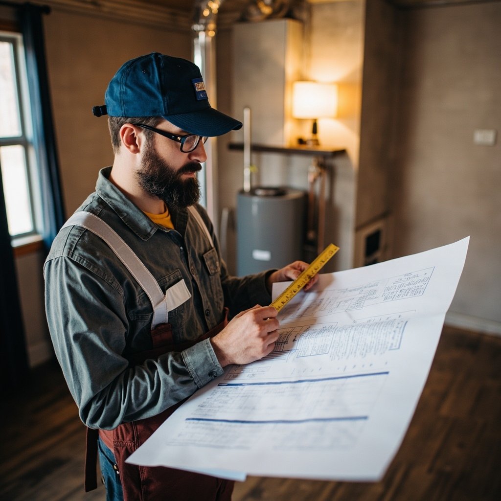 HVAC technician performing heating load calculation