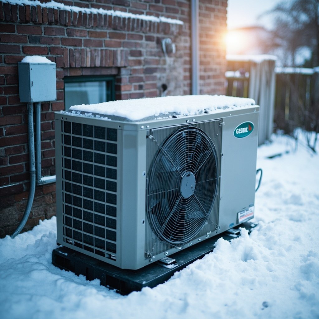 Heat pump outdoor unit running in winter snow