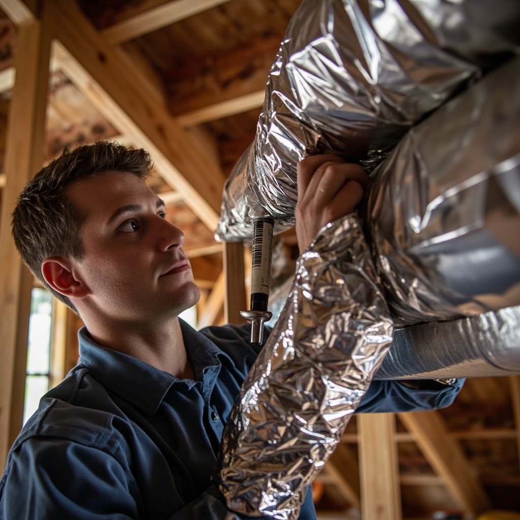 Technician sealing ductwork in attic